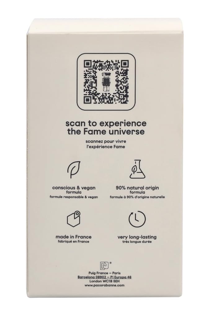 Retro della confezione del profumo. Codice QR, testo: "scan to experience the Fame universe". Loghi e informazioni su ingredienti e origine.