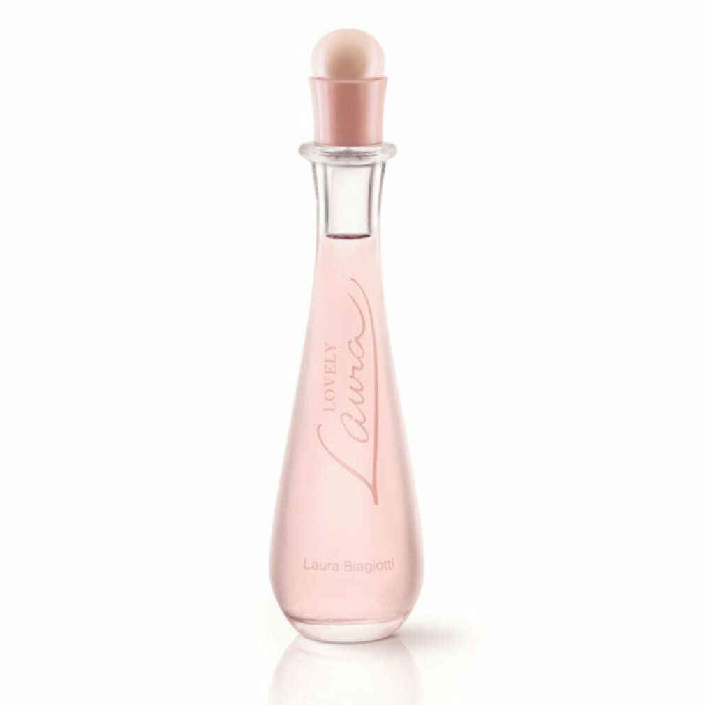 Flacone rosa con tappo rosa. Scritta "Lovely Laura" e "Laura Biagiotti".