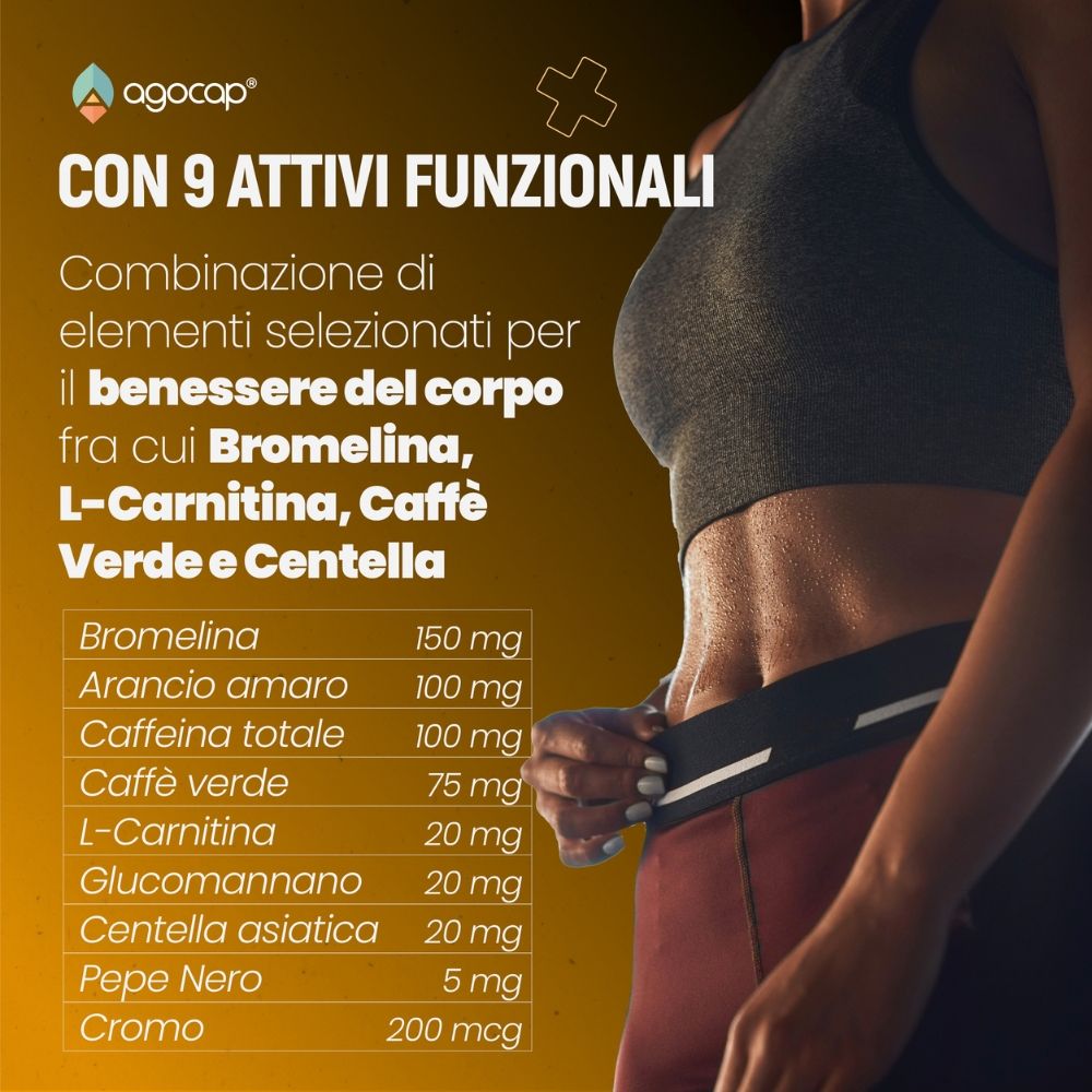 Tabella ingredienti: Bromelina, arancia amara, caffeina, tè verde, L-carnitina, glucomannano, centella, pepe nero, cromo.