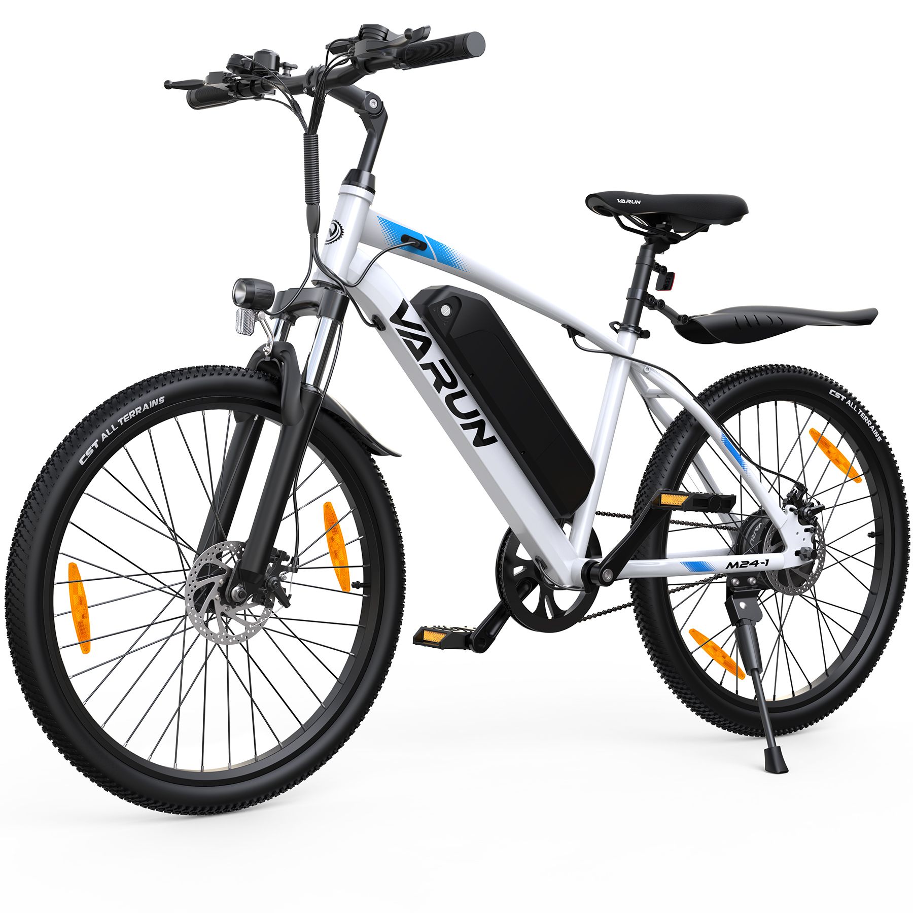 E-bike VARUN M24-1 bianco. Pneumatici, forcella, parafanghi neri. Batteria sul telaio. Faro, campanello, sella.