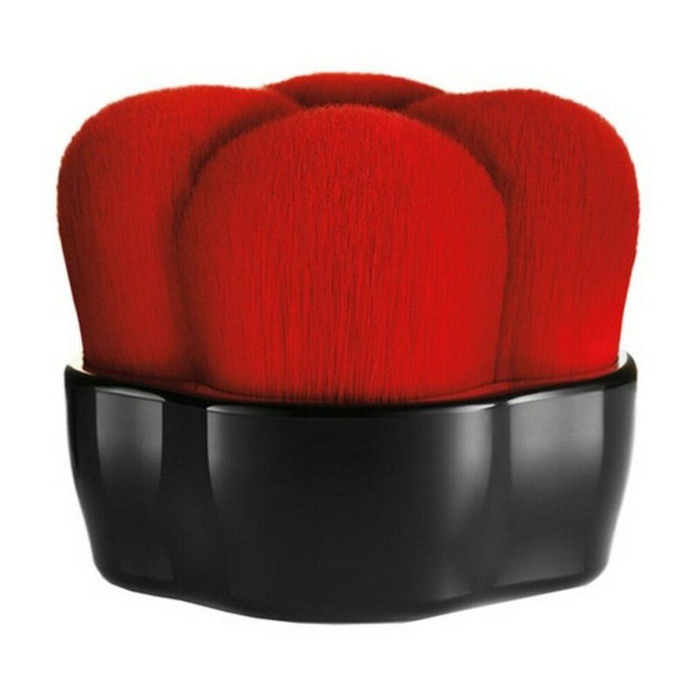 Pennello cosmetico nero con testina rossa a forma di fiore. L'impugnatura è lucida.