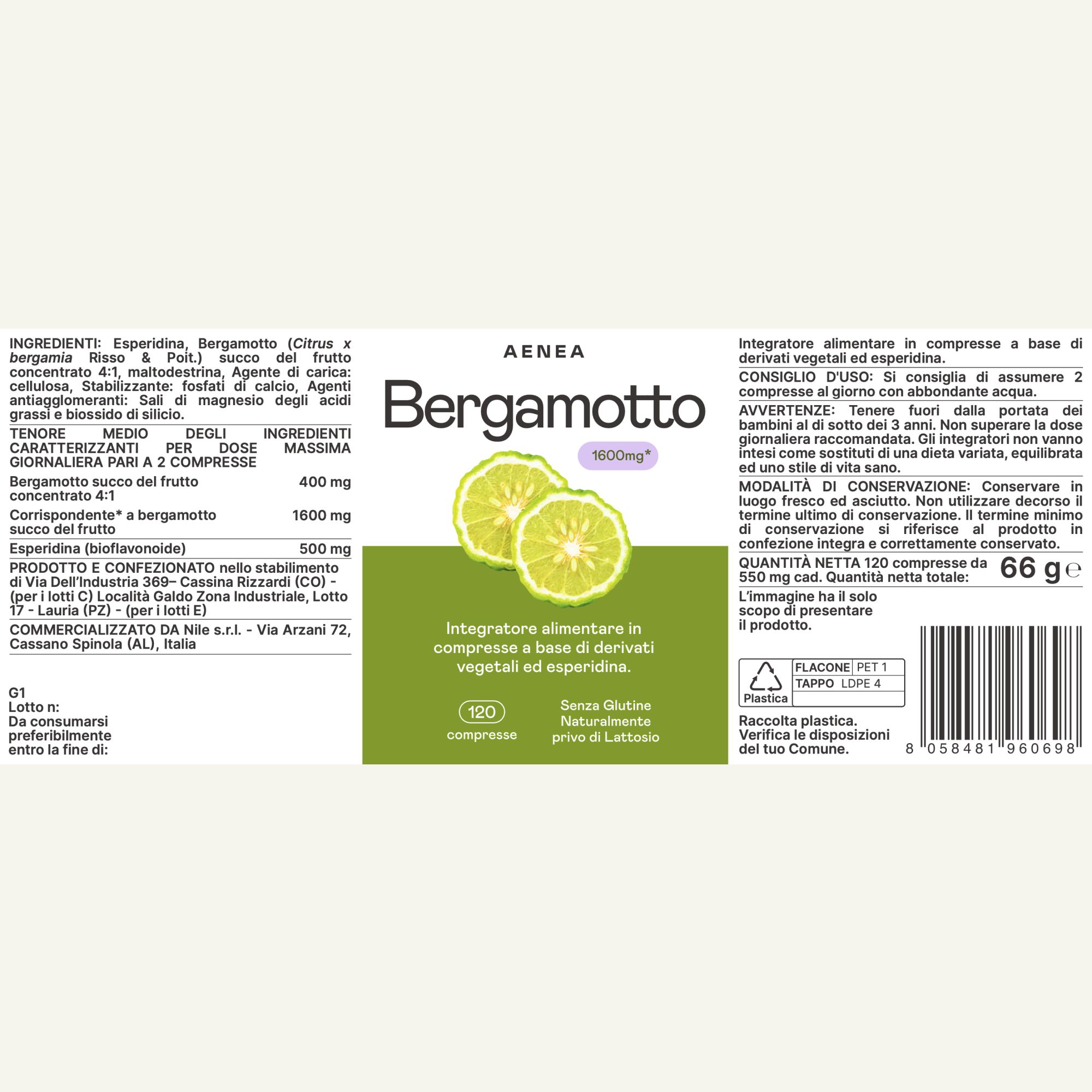 Flacone di compresse Aenea Bergamotto. Retro con ingredienti e dosaggio. 120 compresse. Peso netto 66g.