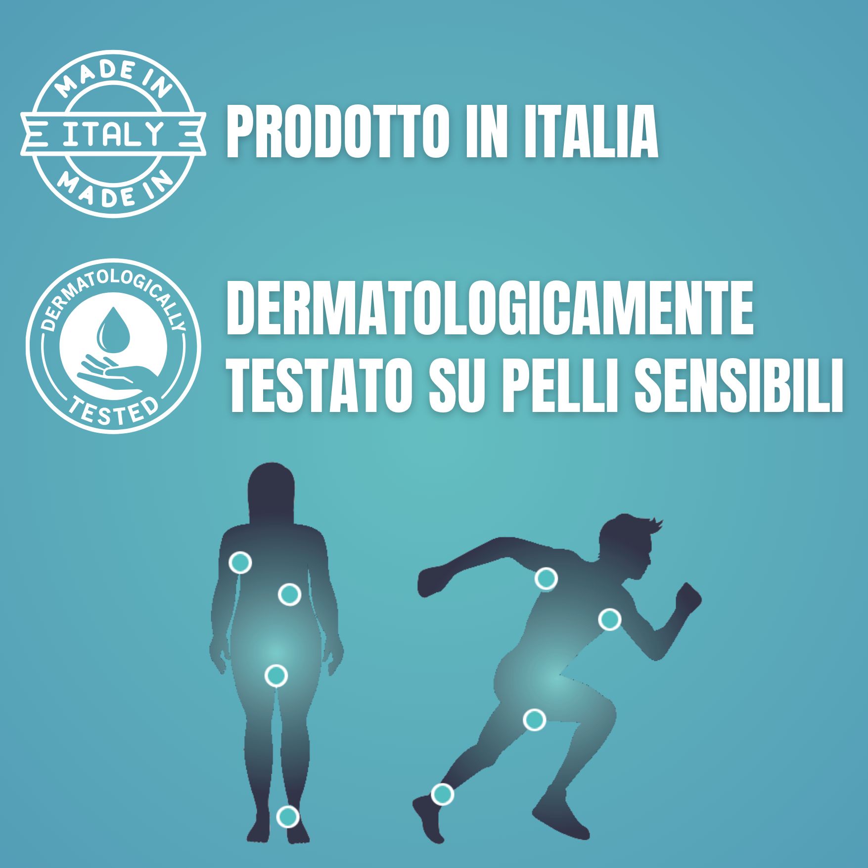 Prodotto in Italia, testato dermatologicamente, silhouette di persona e corridore.