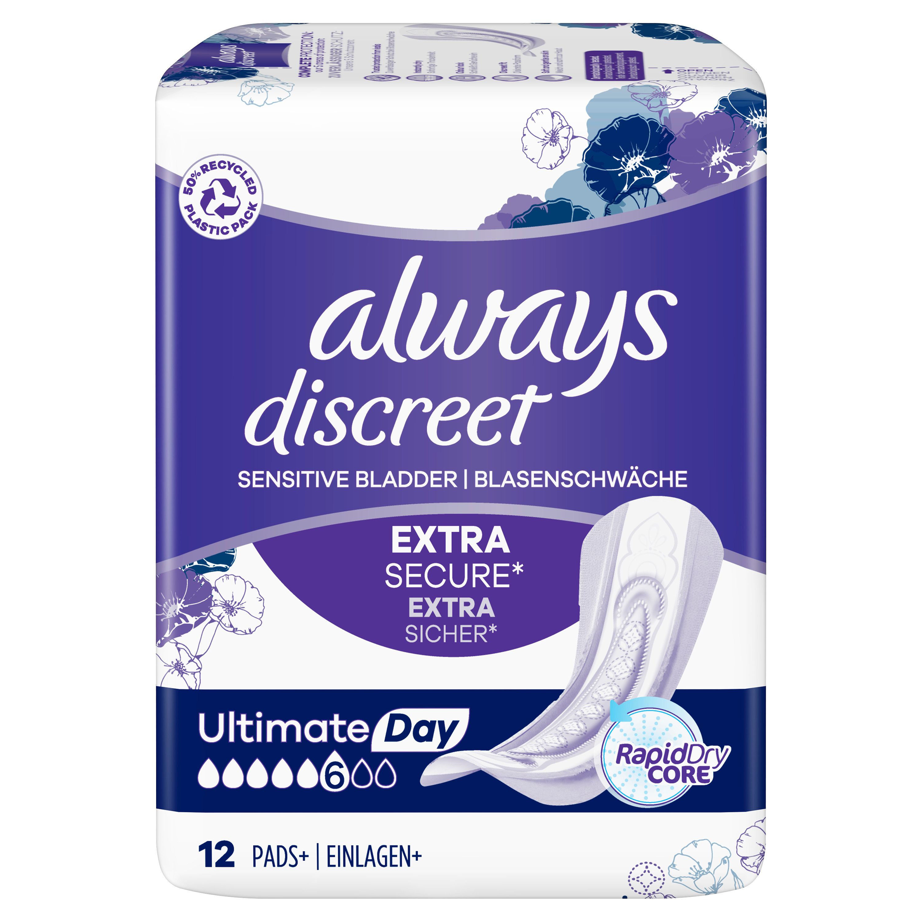 Assorbente per incontinenza Always Discreet Ultimate Day. Confezione blu con nome, logo e caratteristiche del prodotto. 12 pezzi.