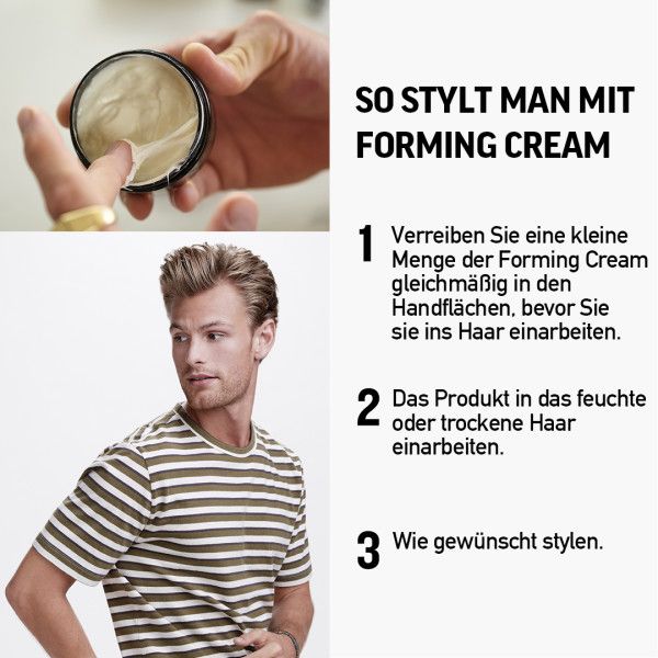 Uomo con prodotto in mano, testo accanto. Testo: Come acconciare con Forming Cream. 3 passaggi per l'uso.