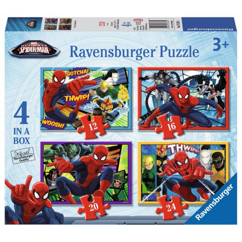 Puzzle con Spiderman e personaggi dei fumetti. Sfondo giallo con scritta THWIPP. Loghi Marvel e Ravensburger visibili.