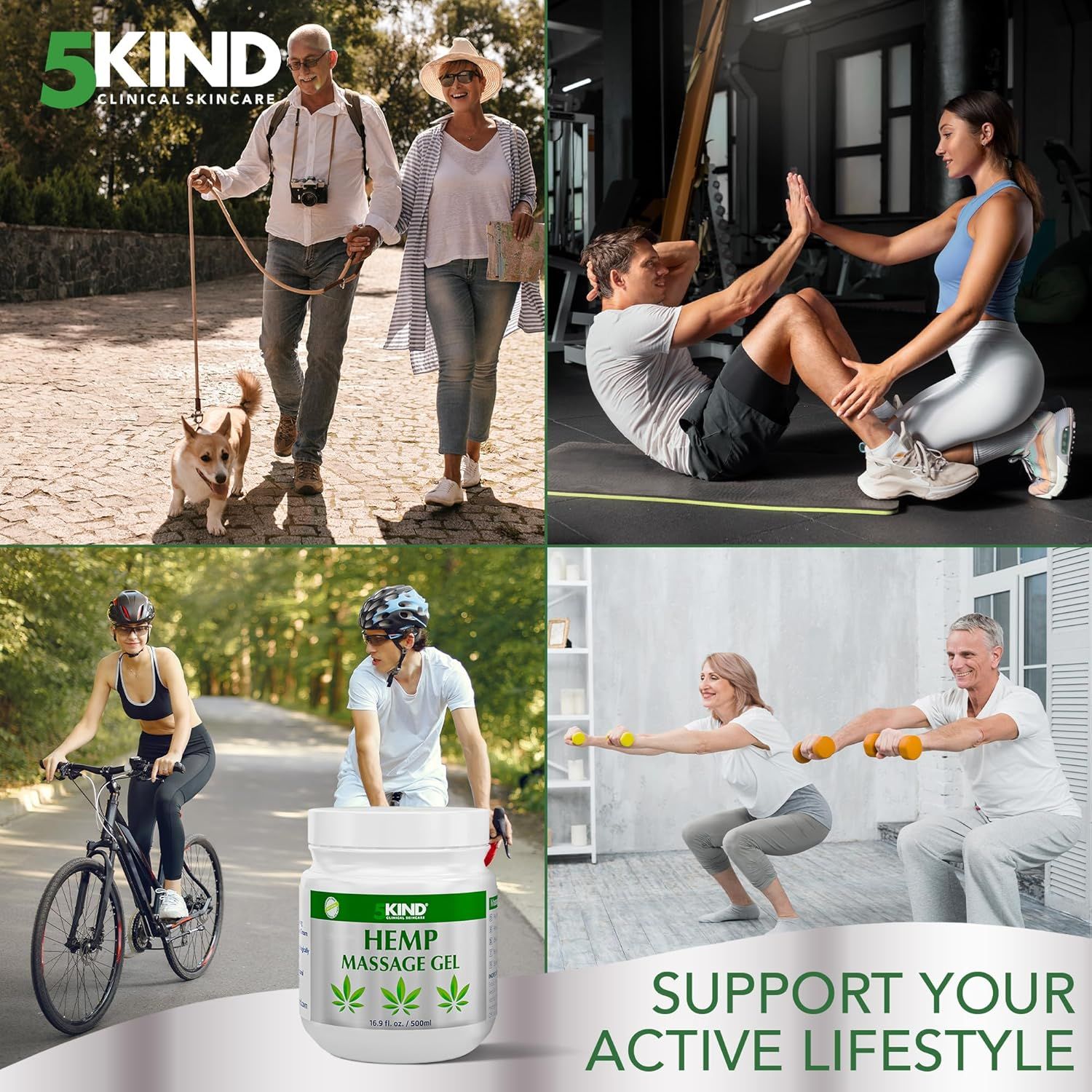 Diverse scene di persone che fanno sport. È raffigurato un vasetto di HEMP MASSAGE GEL.