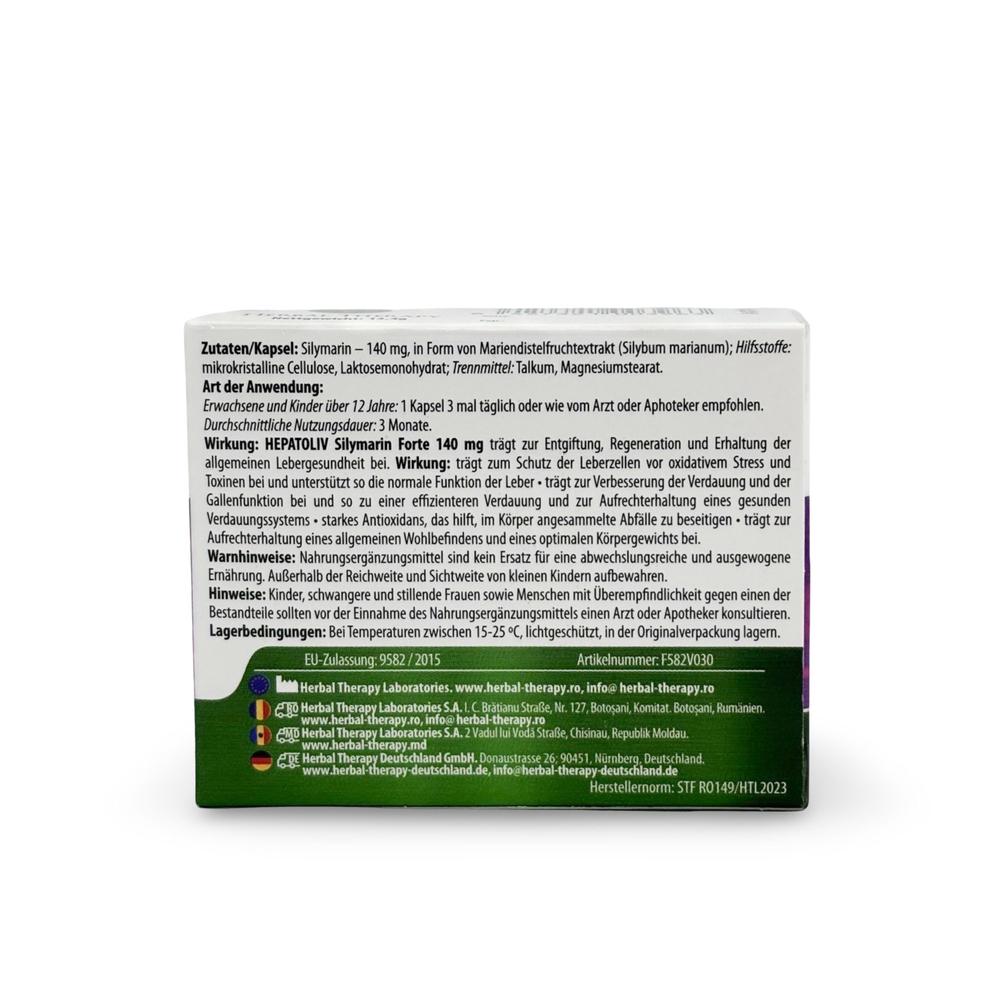 Retro della scatola HEPATOLIV Silymarin forte 140 mg. Testo su ingredienti, uso, avvertenze e informazioni produttore.