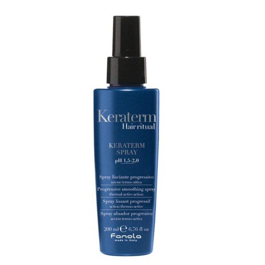 Flacone spray blu con erogatore nero. Scritta: Keraterm Hairritual Spray, pH 1.5-2.0, Fanola. Contiene 200 ml.