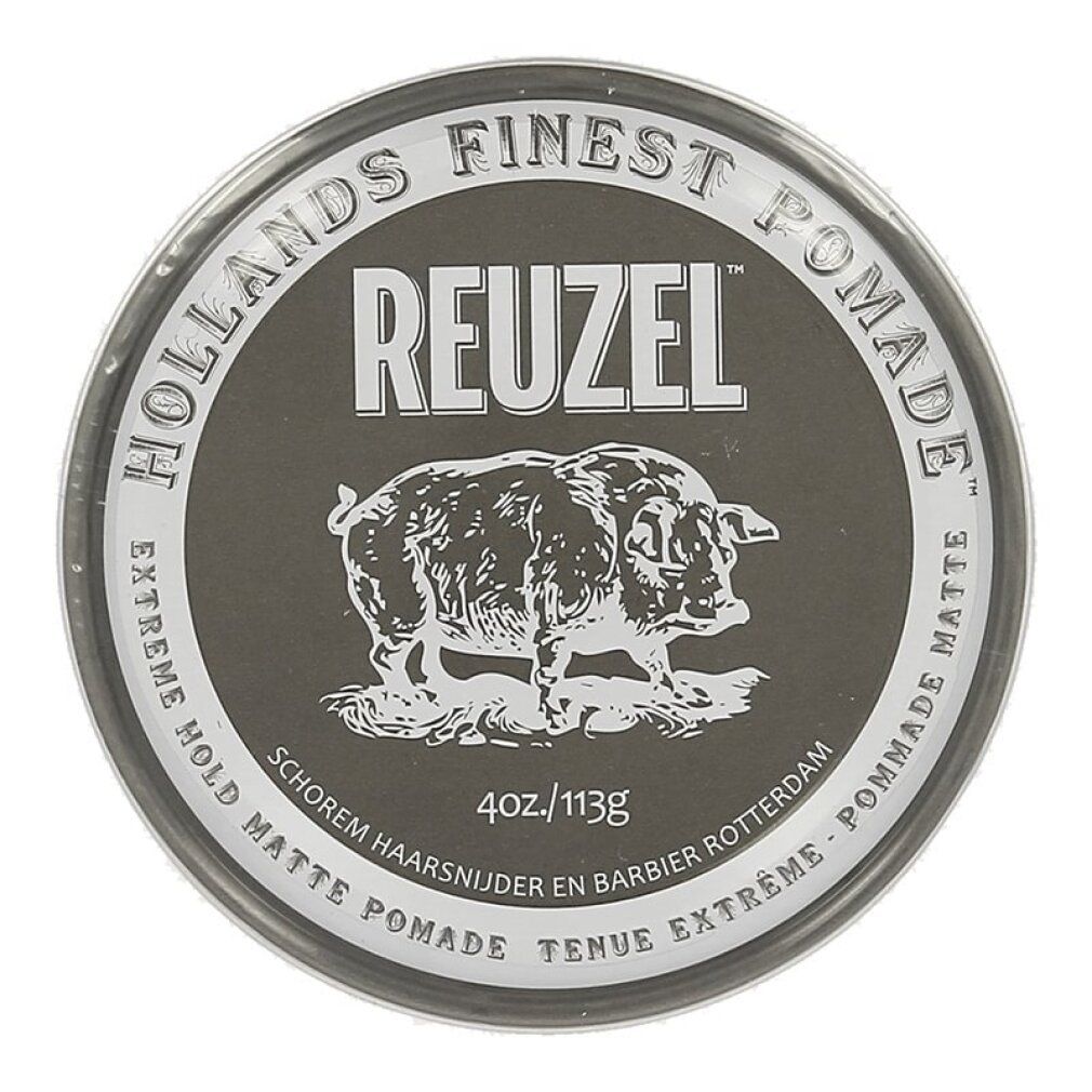Barattolo rotondo di pomata Reuzel Extreme Hold Matte. Etichetta grigio scuro con illustrazione di maiale e testo.