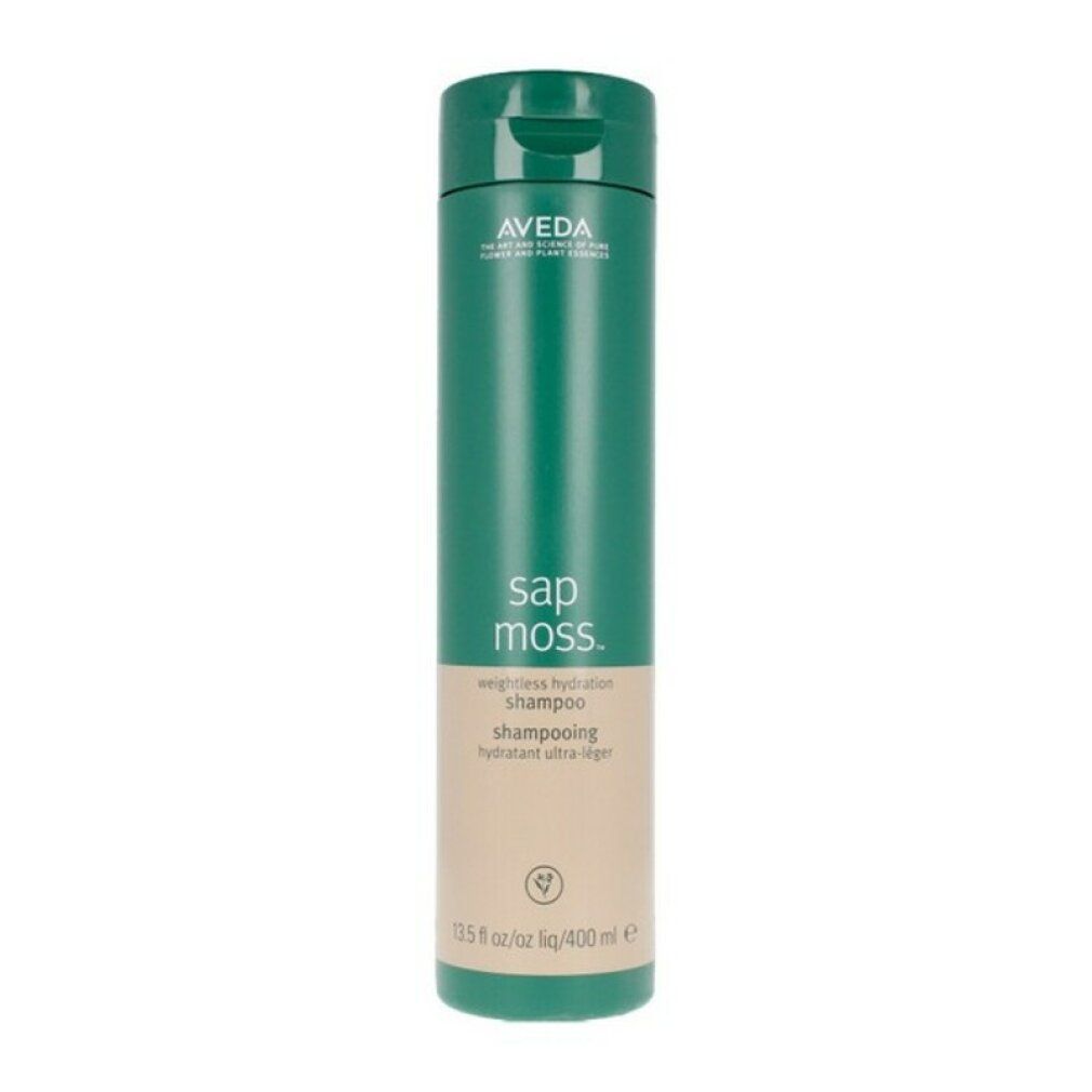 Flacone di shampoo Aveda, verde. Scritta: Sap Moss, weightless hydration shampoo, 13.5 fl oz/400 ml. Marchio Aveda.