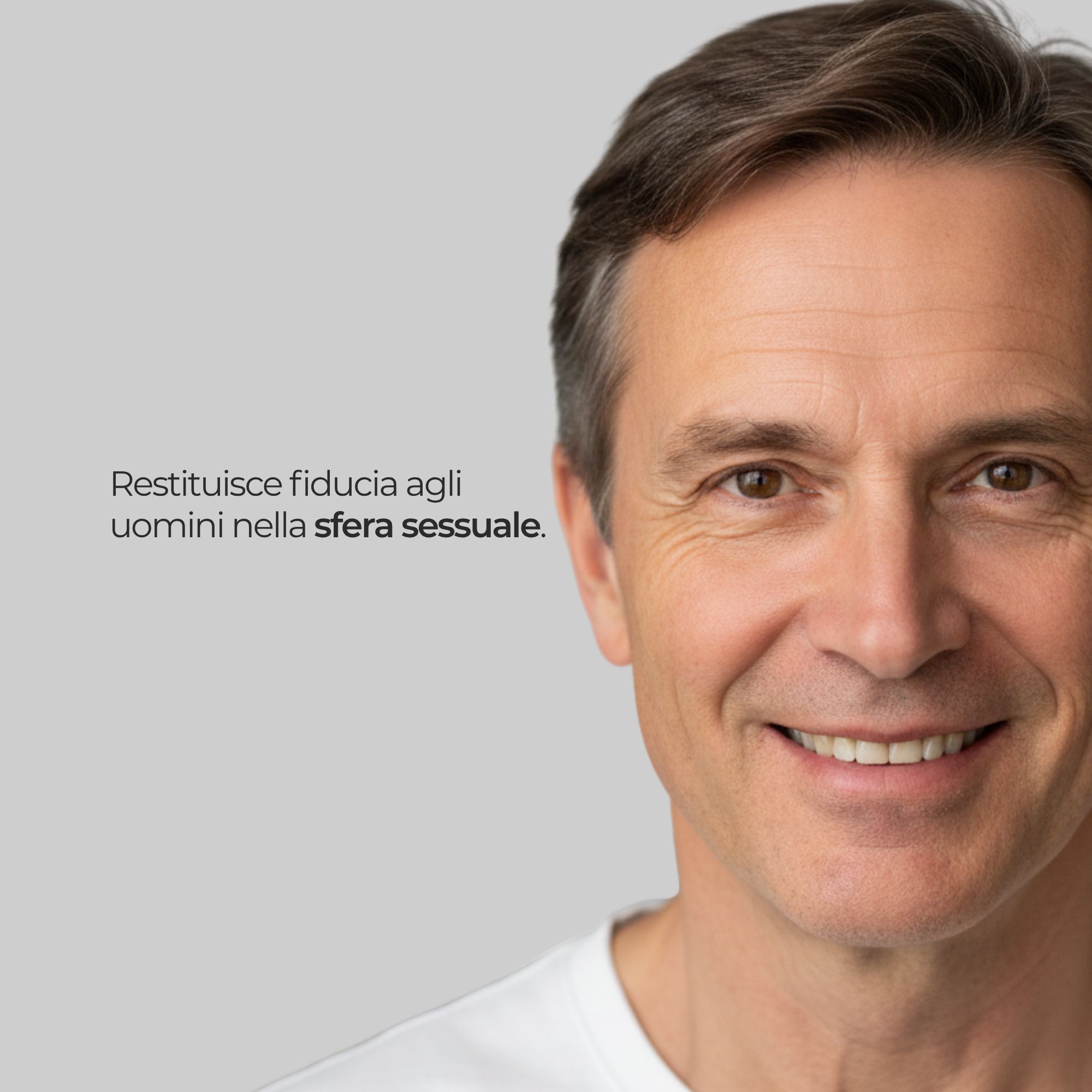 Ritratto di un uomo sorridente. Testo: Ridona fiducia agli uomini nella sfera sessuale.
