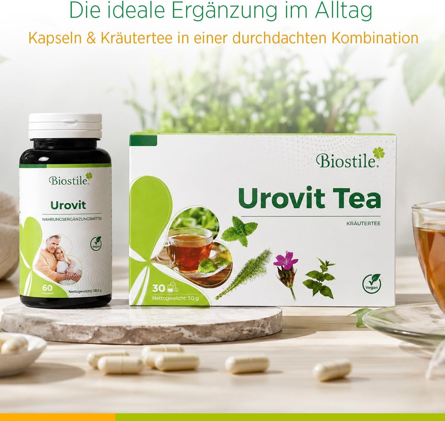 Confezione di tè Biostile Urovit e capsule.
