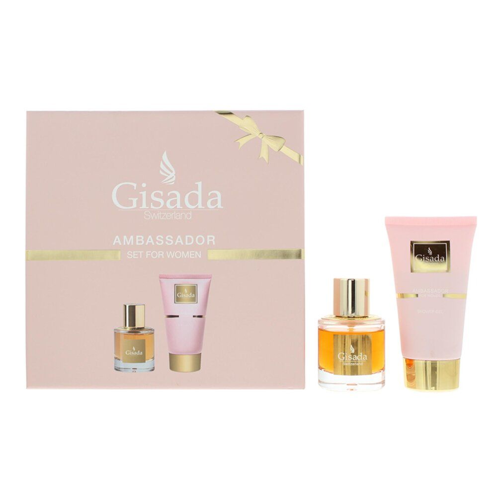 Set regalo donna. Scatola rosa con flacone di profumo, gel doccia e fiocco dorato. Logo Gisada e scritta 'Ambassador'.