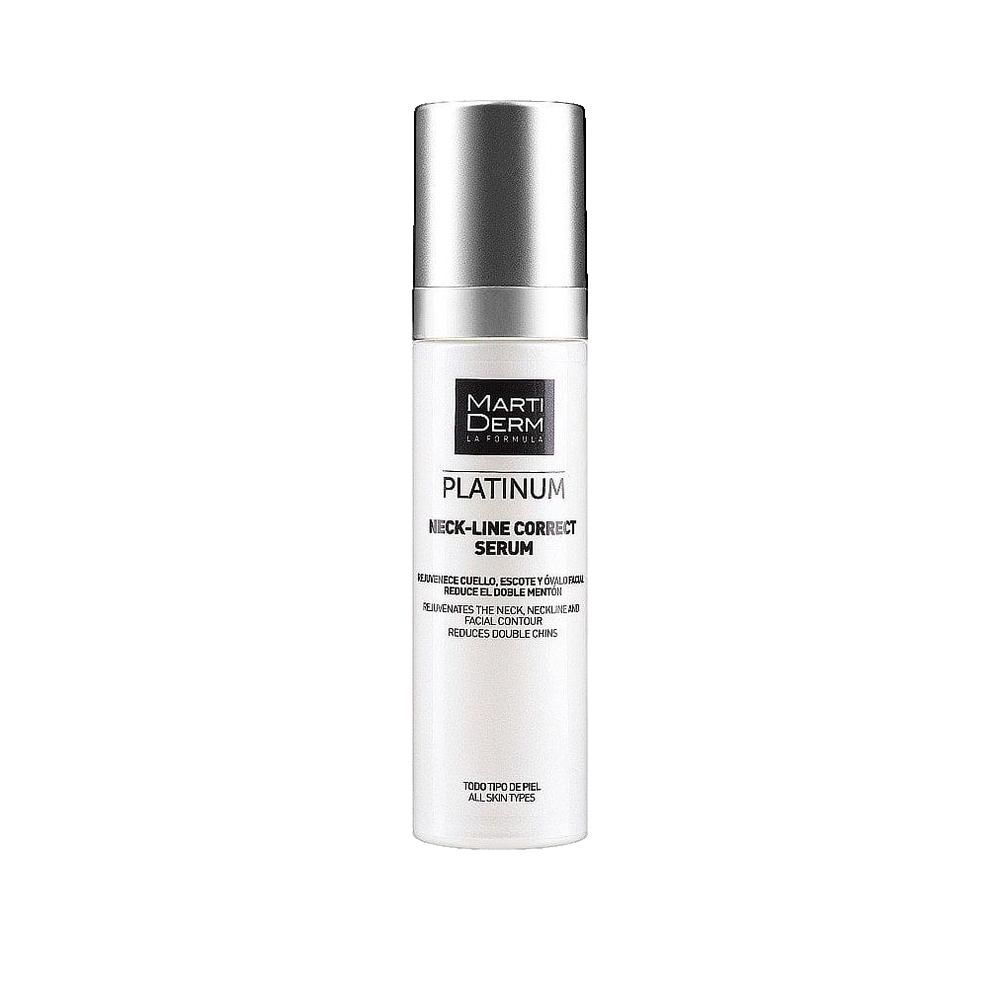 Siero Martiderm Platinum, flacone. Tappo argentato, etichetta bianca con testo. Per viso e collo.