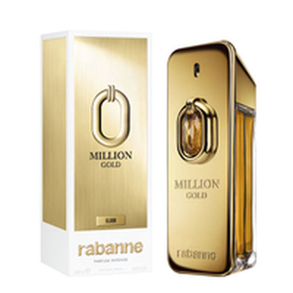 Flacone e confezione dorati. Flacone con "Million Gold" e "rabanne". Forma rettangolare. Confezione con logo e testo.