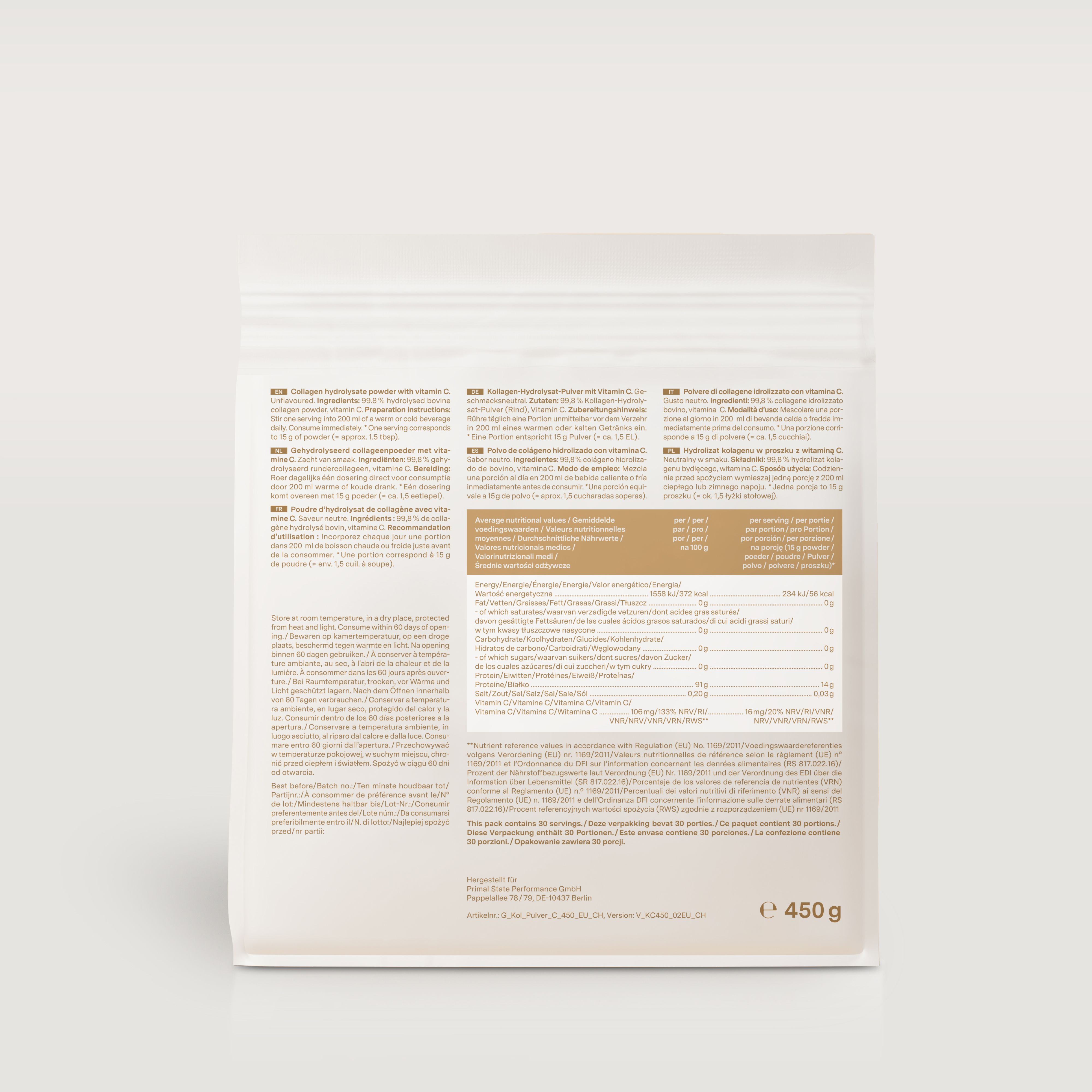 Retro della confezione Glow25 Collagen Powder. Testo con informazioni nutrizionali.