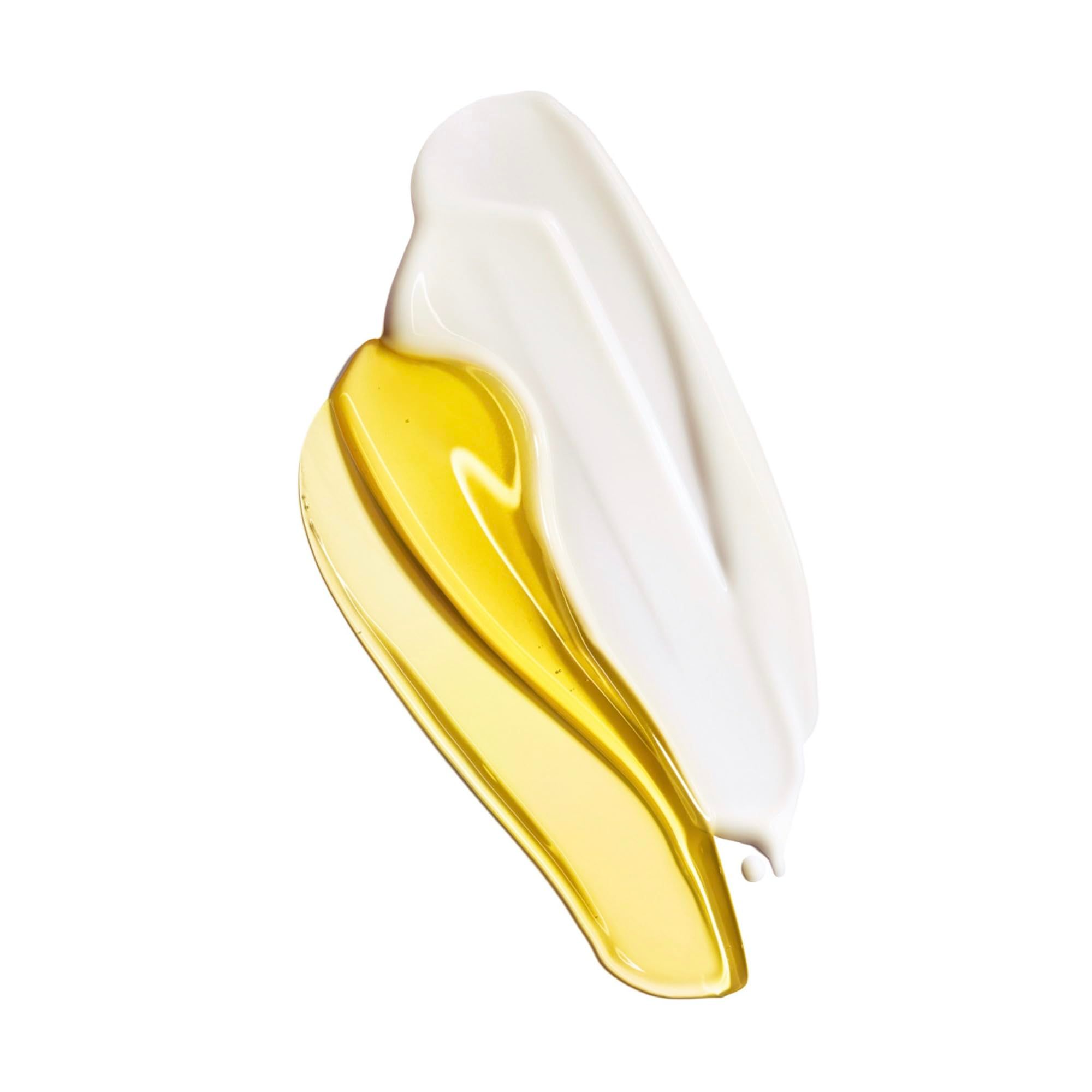 Prodotto bianco e giallo su sfondo bianco. Texture affiancate. Nessun packaging visibile.