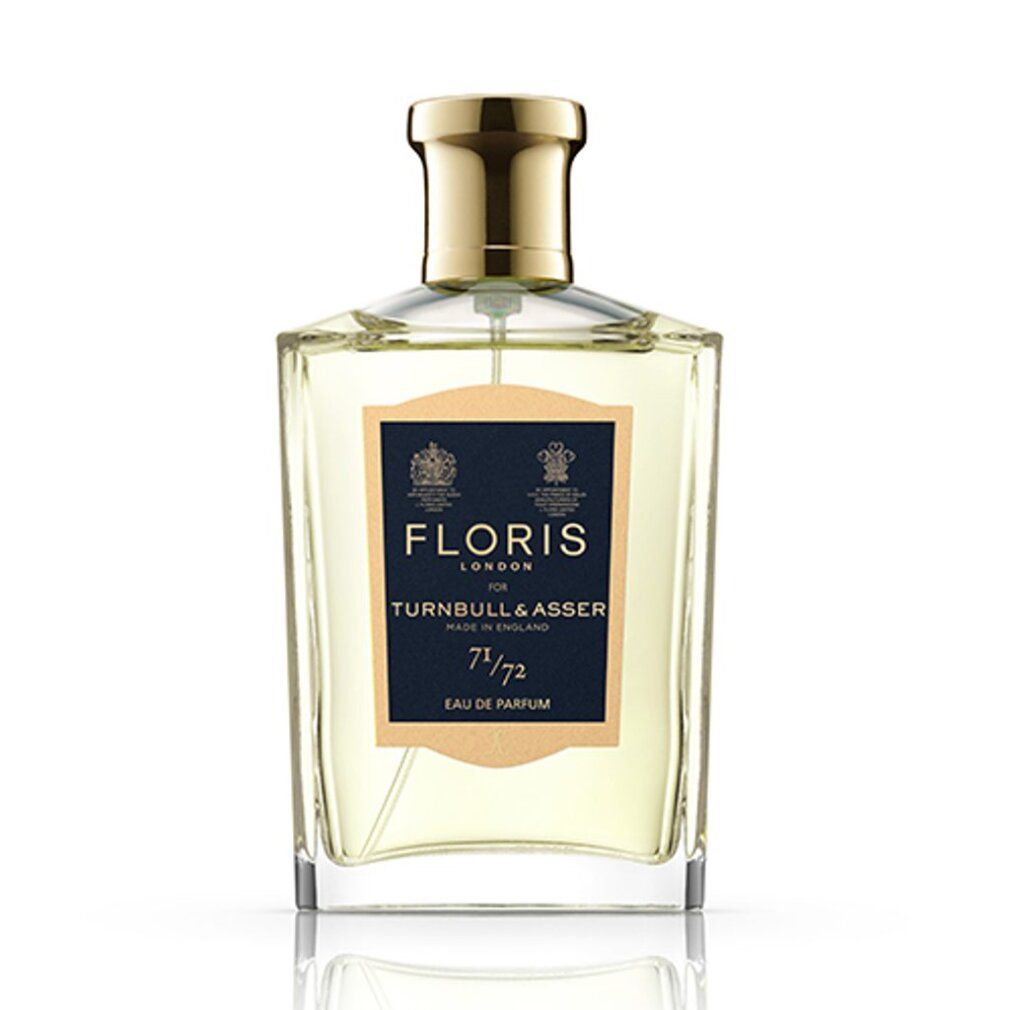 Flacone di profumo con tappo dorato. Etichetta: FLORIS LONDON, TURNBULL & ASSER, 71/72, Eau de Parfum. Made in England.