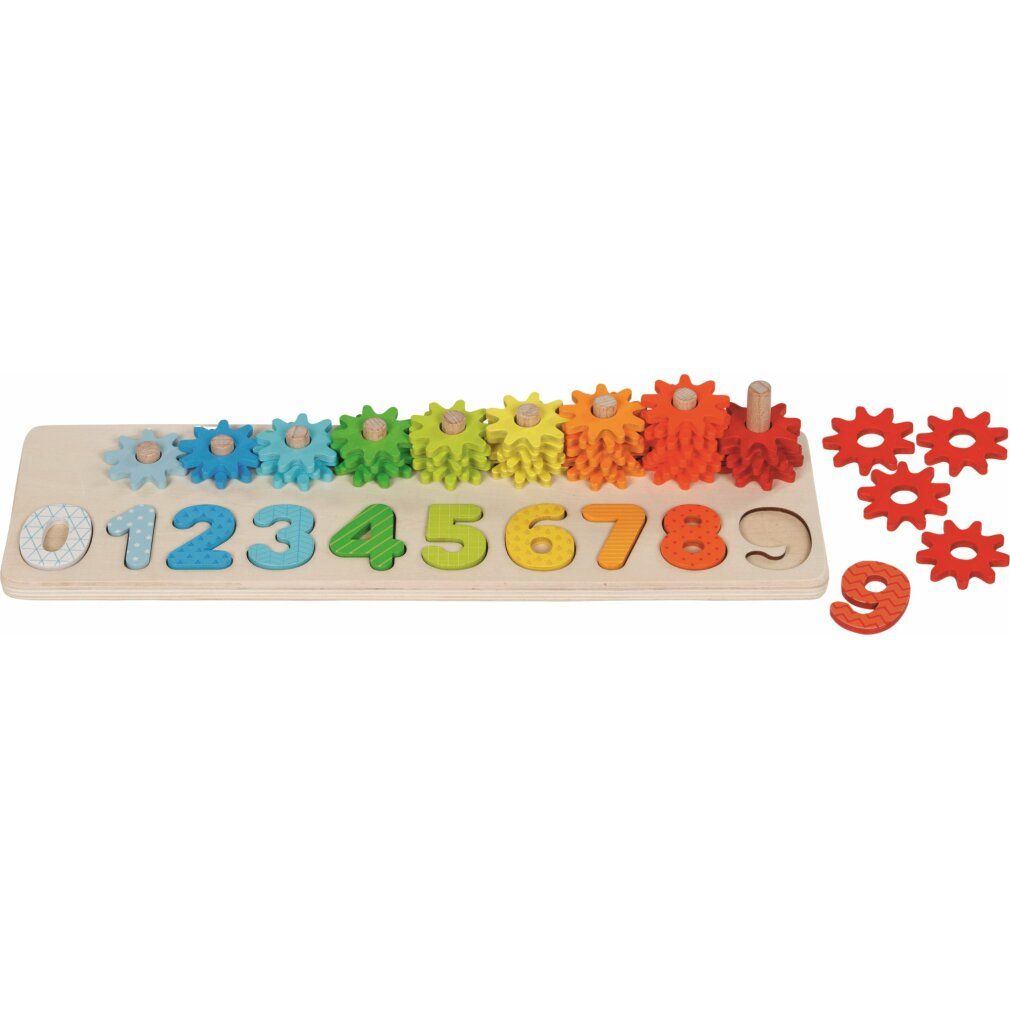 Puzzle in legno con ingranaggi e numeri da 0 a 9. Ingranaggi multicolore e numeri su una tavola di legno. Ingranaggi separati.