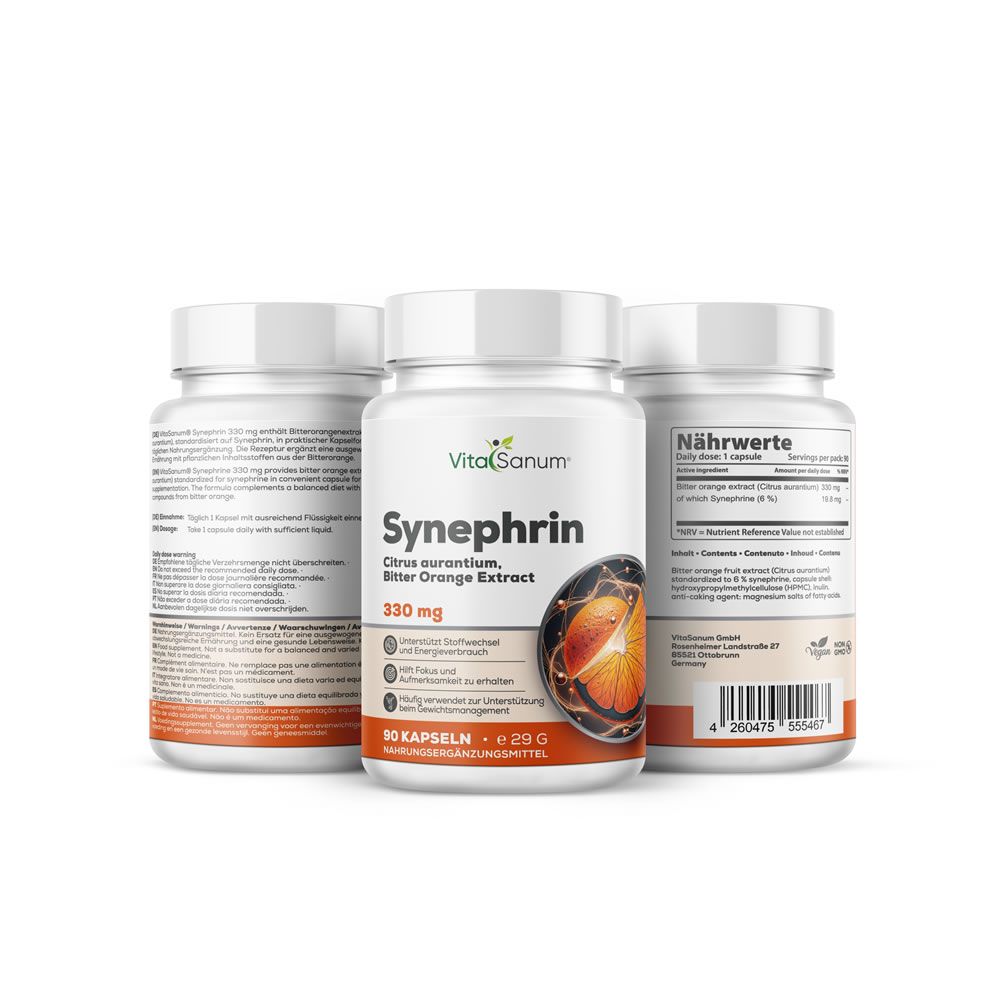 Tre flaconi di capsule VitaSanum®-Synephrine. Flaconi bianchi con tappi bianchi. Etichette con informazioni e valori nutrizionali.