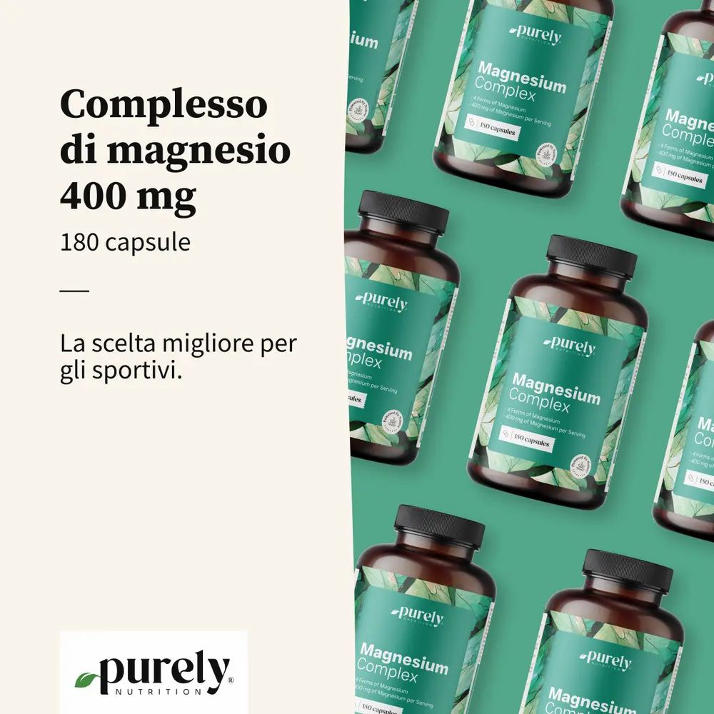 Diversi flaconi Magnesium Complex. Testo: Complesso di magnesio 400 mg, 180 capsule.