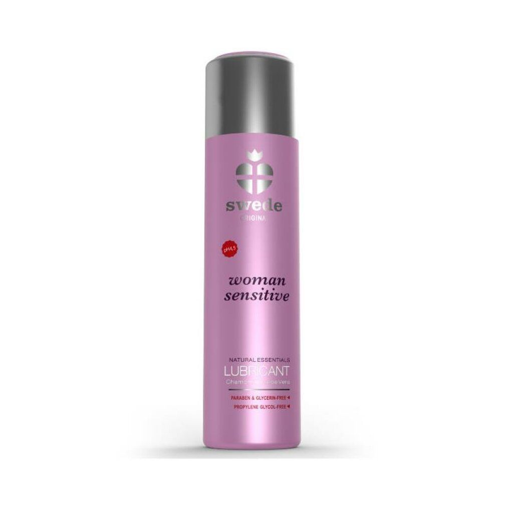 Flacone rosa e argento. Scritta: woman sensitive, LUBRICANT. Marchio Swede.