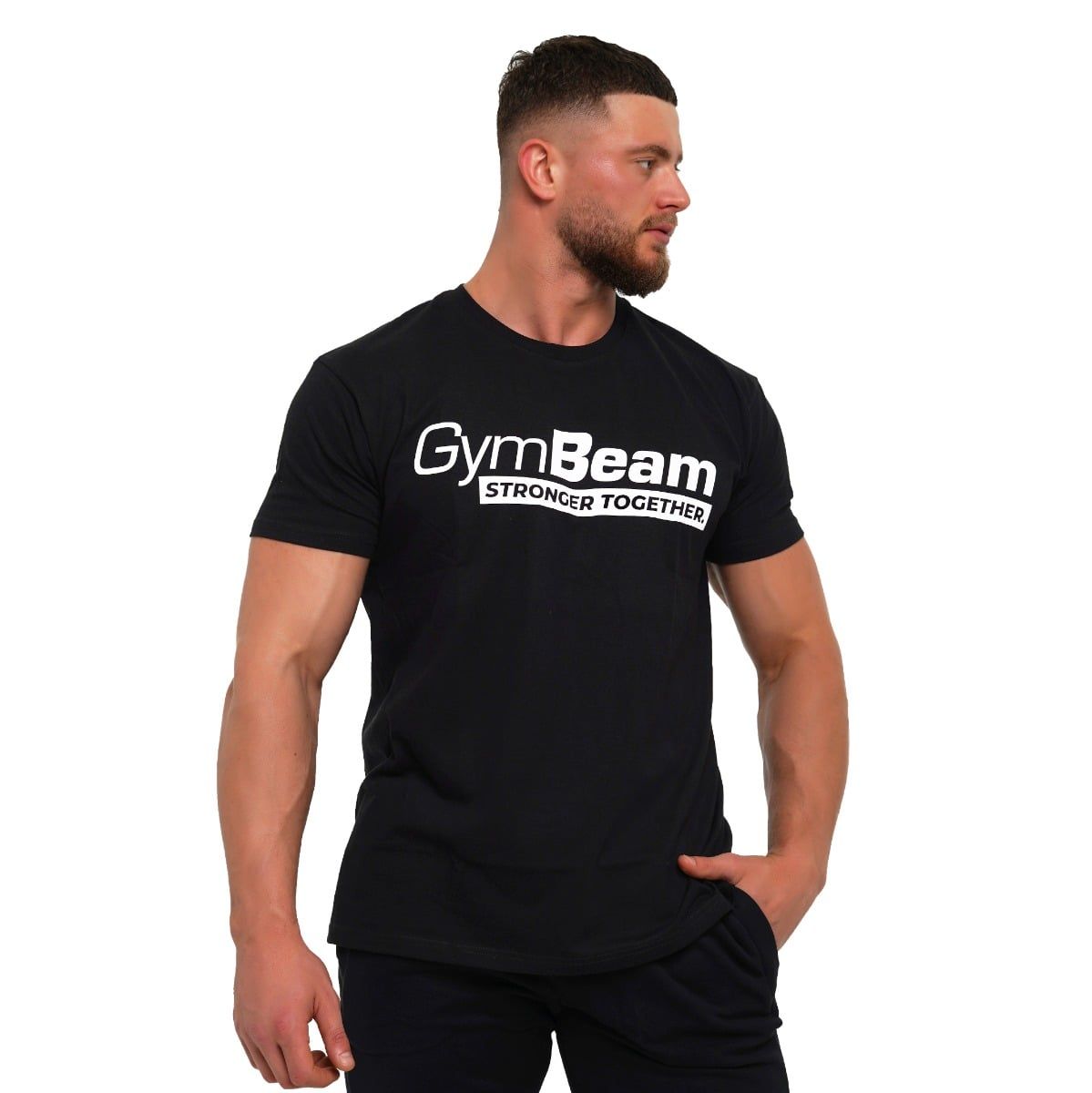 T-shirt nera GymBeam da uomo, vista laterale, con stampa bianca "Stronger Together".