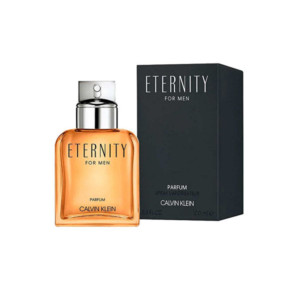 Flacone di profumo e confezione. Flacone con tappo argentato, scritta "ETERNITY FOR MEN" e "CALVIN KLEIN".