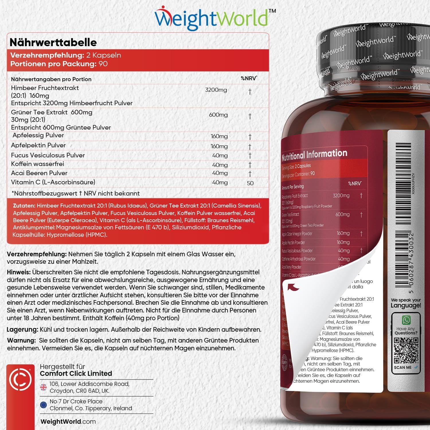 Tabella nutrizionale. Prodotto: Estratto di frutta di lampone, estratto di tè verde, aceto di mele, polvere di bacche di acai, vitamina C.