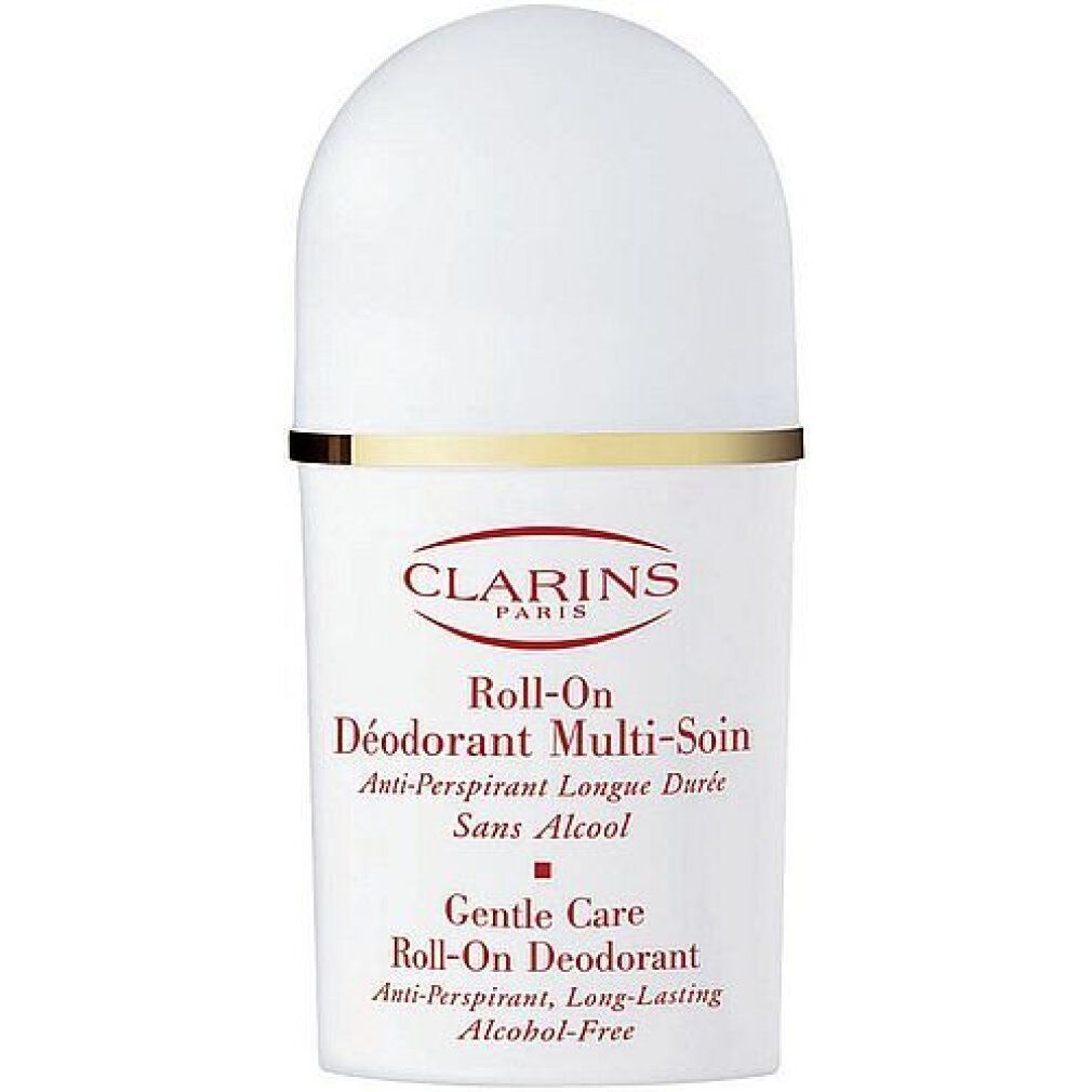 Deodorante roll-on bianco Clarins. Anello dorato. Testo rosso. Scritta: Anti-transpirant longue durée, sans alcool. Roll-On Deodorant, Alcohol-free.