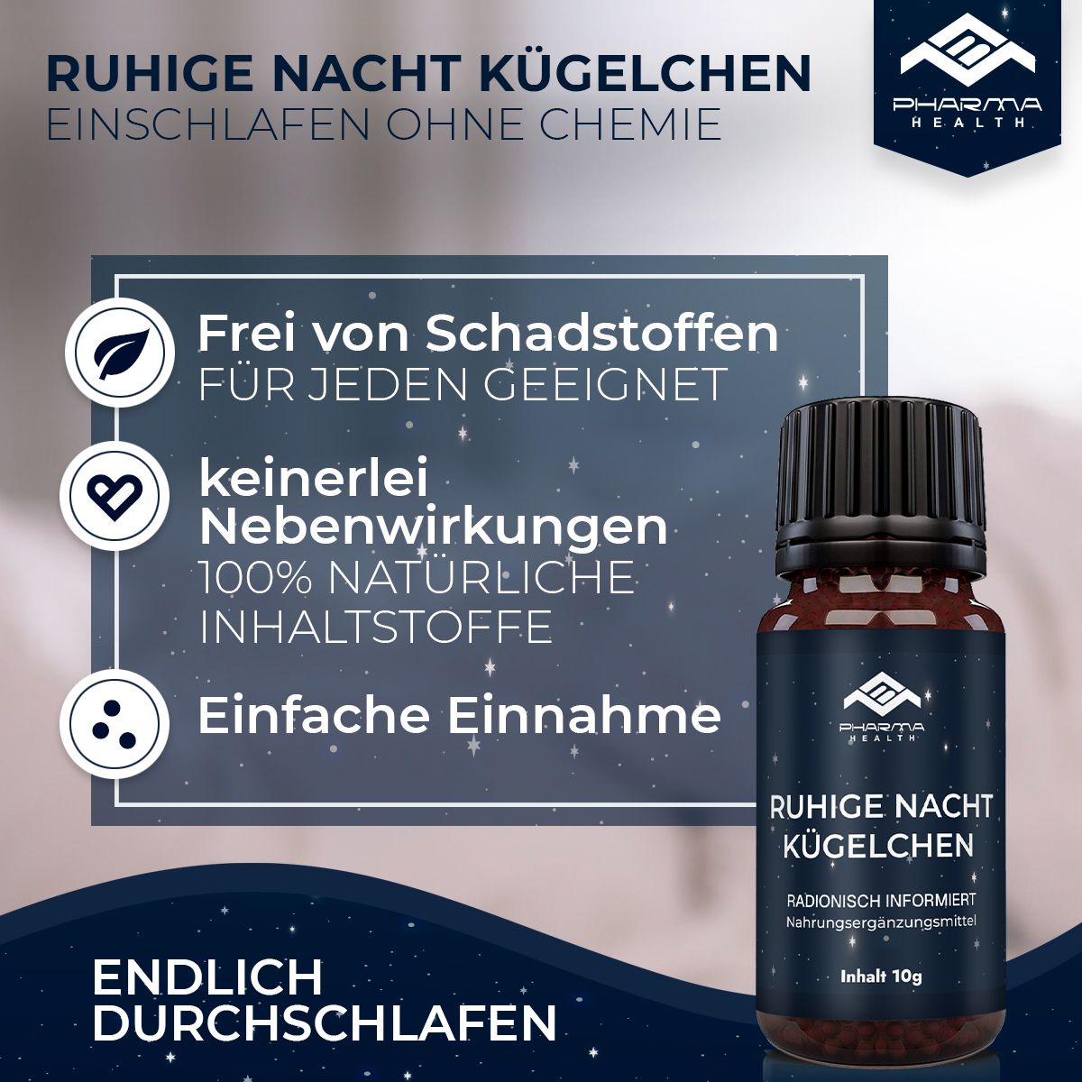Flacone del prodotto con testo. Scritta: Pharma Health, Ruhige Nacht Kügelchen. Testo: Senza sostanze nocive, senza effetti collaterali, facile assunzione.