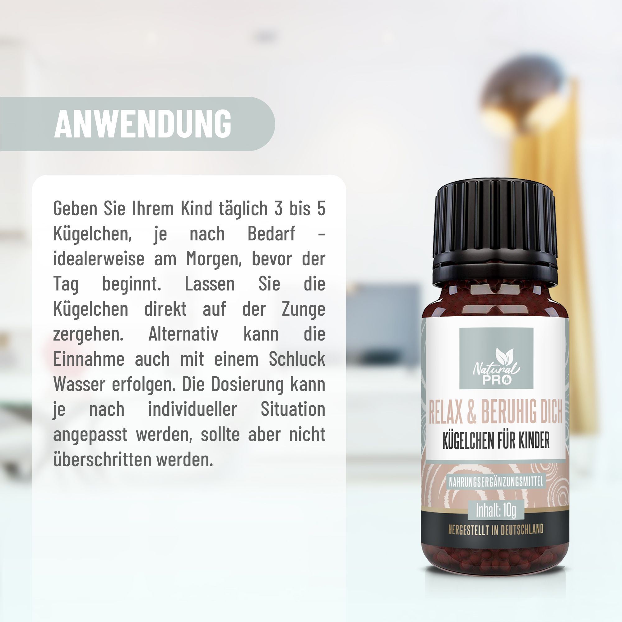 Flacone Natural Pro. Testo: Relax & Beruhig Dich Kügelchen für Kinder. Uso: 3-5 granuli al giorno. Contenuto: 10g. Prodotto in Germania.