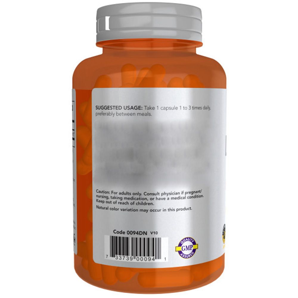 Vista posteriore di una bottiglia arancione con capsule bianche. Include un'etichetta informativa e un sigillo GMP.