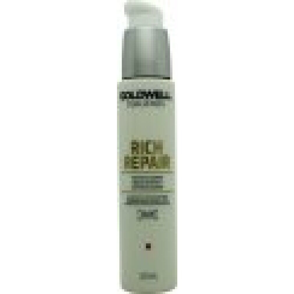 Flacone di siero Goldwell Rich Repair. Contenitore cilindrico bianco con erogatore argentato. Nome del prodotto e testo sul fronte.