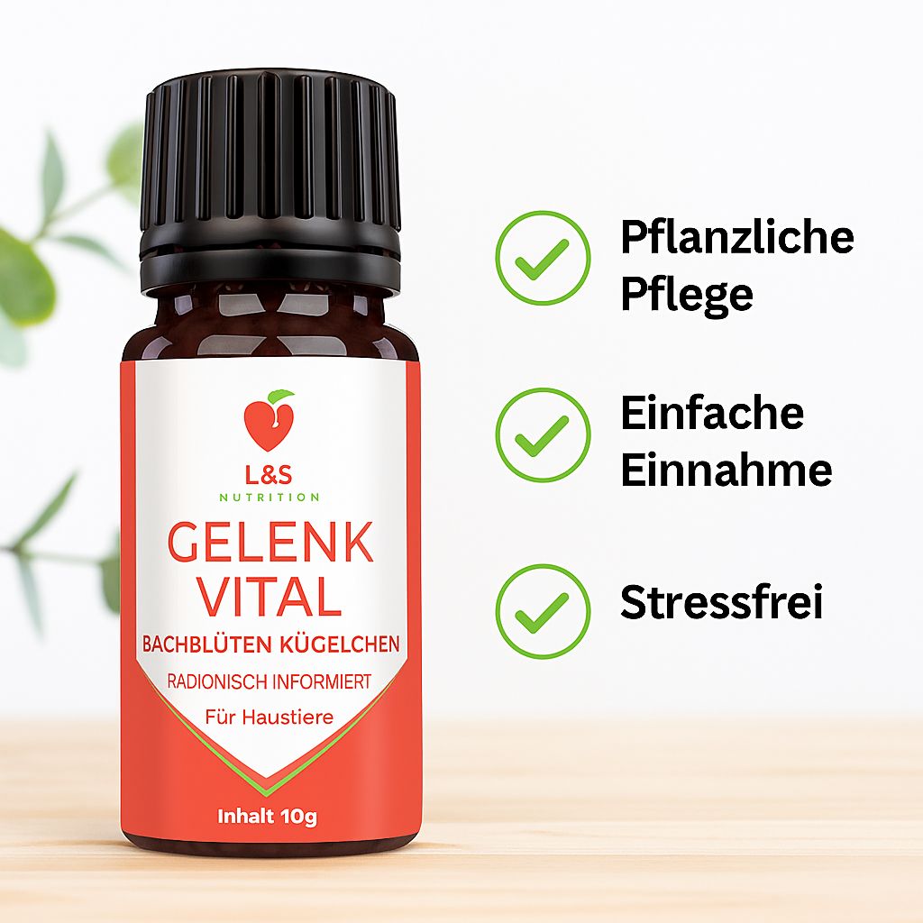 Flacone Gelenk Vital accanto a campi di testo: Cura vegetale, Assunzione facile, Senza stress.