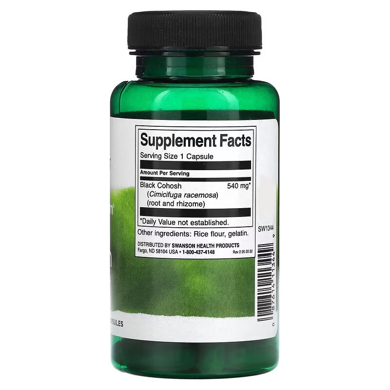 Retro del flacone verde. Scritta: Supplement Facts. Contiene Black Cohosh (540 mg). Altri ingredienti: farina di riso, gelatina.
