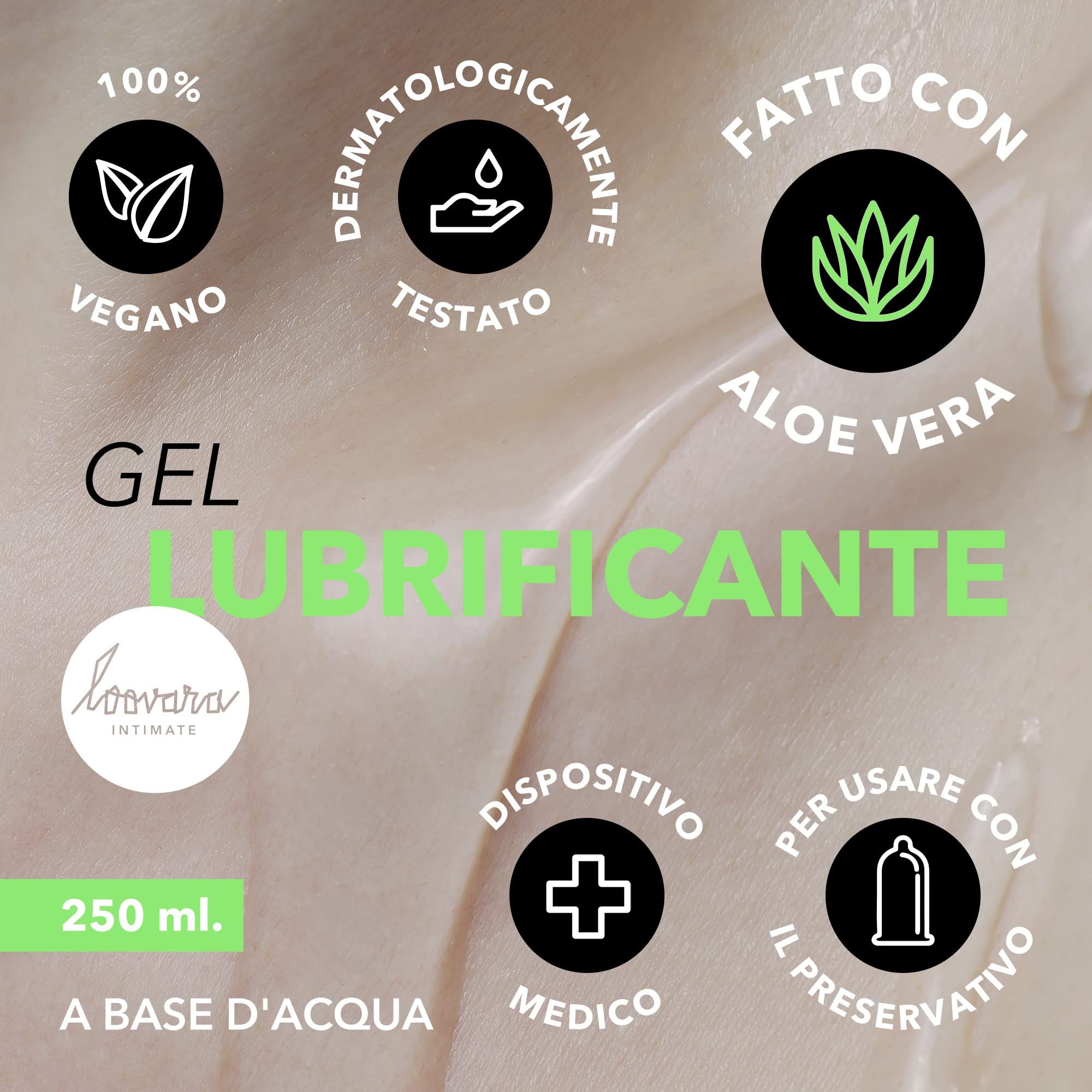 Gel lubrificante all'aloe vera, 250 ml, a base d'acqua, vegano, testato dermatologicamente.