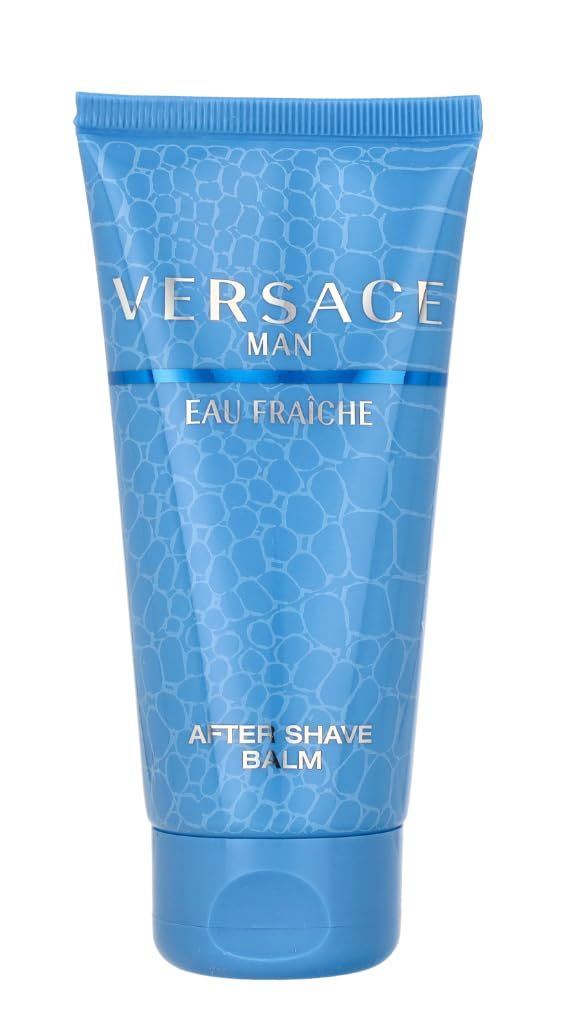 Tubo blu trasparente con scritta bianca VERSACE MAN, EAU FRAICHE e AFTER SHAVE BALM. Tappo blu chiaro.