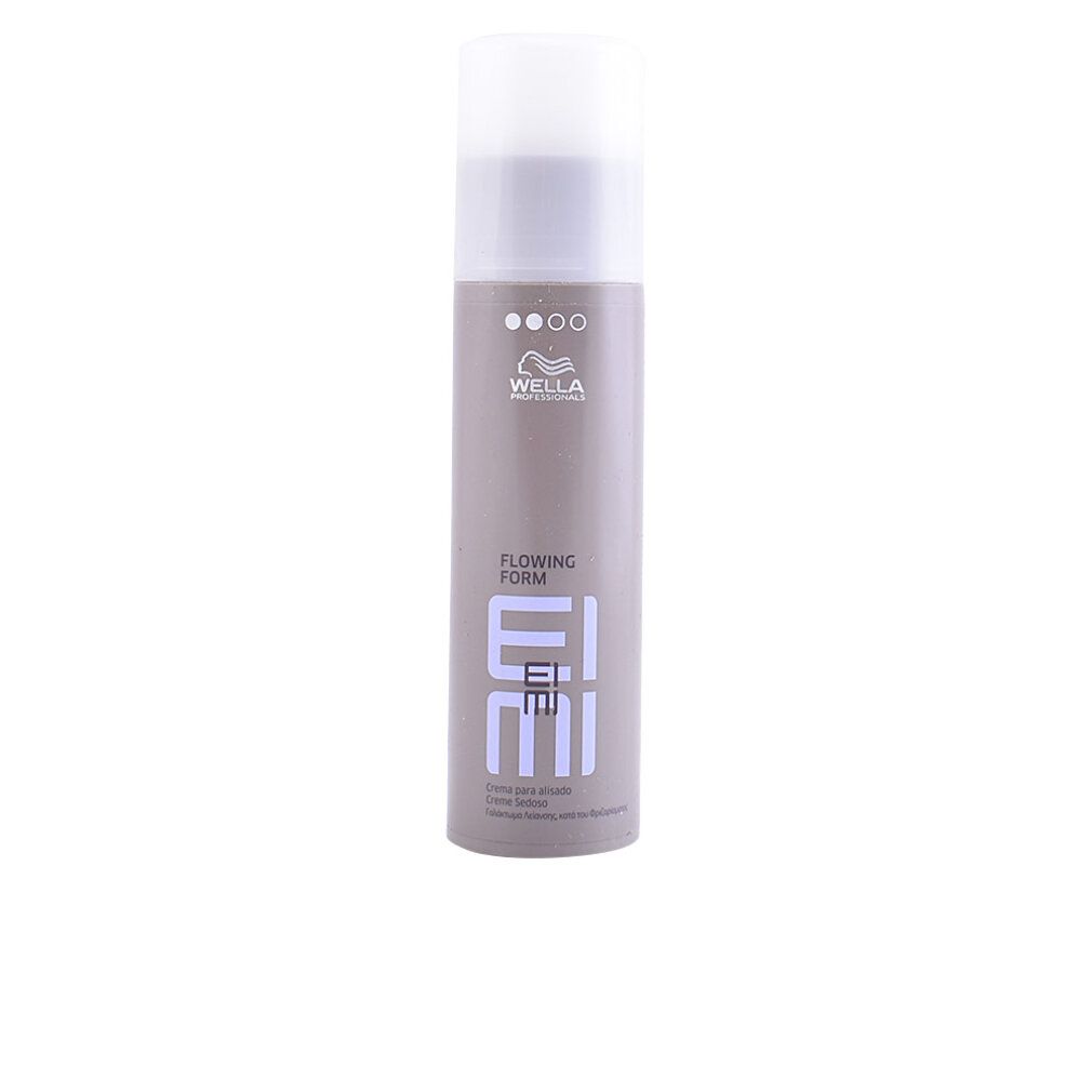 Flacone cilindrico con tappo bianco. Scritta: Wella Eimi Flowing Form. Prodotto antifrizz.