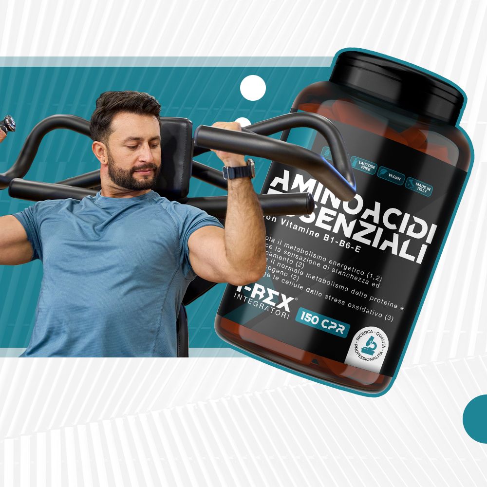 Uomo che si allena con i pesi. Flacone Aminoacidi Essenziali. Testo: Aminoacidi Essenziali, 150 CPR. Con vitamina B1-B6-E.