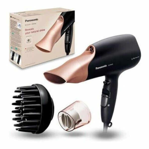 Asciugacapelli nero e oro con accessori. Confezione con immagine del prodotto. Marchio: Panasonic.