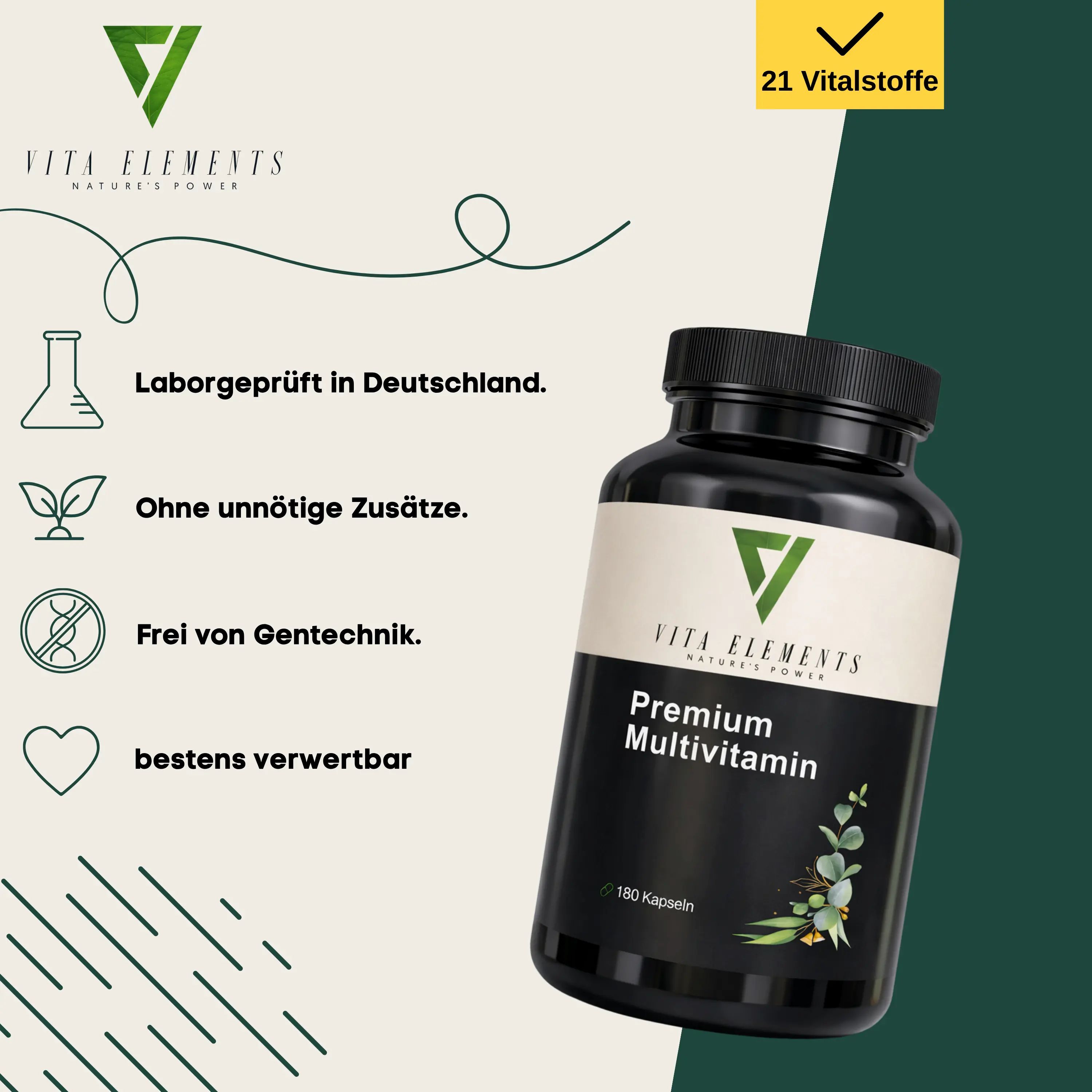 Capsule multivitaminiche Vita Elements Premium: testate in laboratorio, senza additivi, senza OGM, ben assorbite.