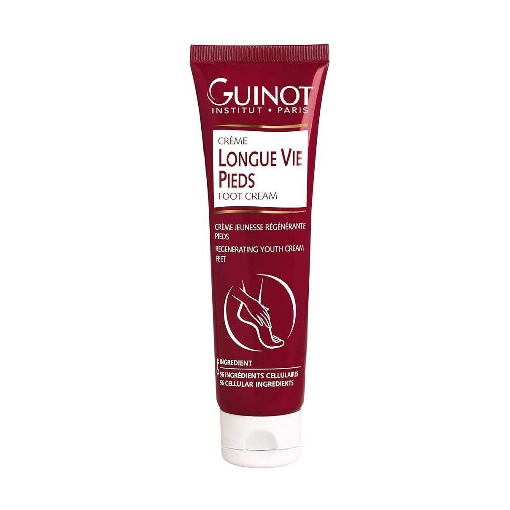 Tubo rosso Guinot Longue Vie Pieds. Scritta: Foot Cream. Contiene 125 ml. Tappo bianco. Logo Guinot.