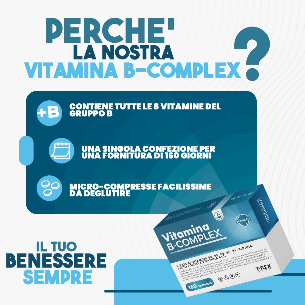 Confezione di Vitamina B-Complex. Contiene tutte le 8 vitamine B. 160 compresse. Micro-compresse facili da deglutire.