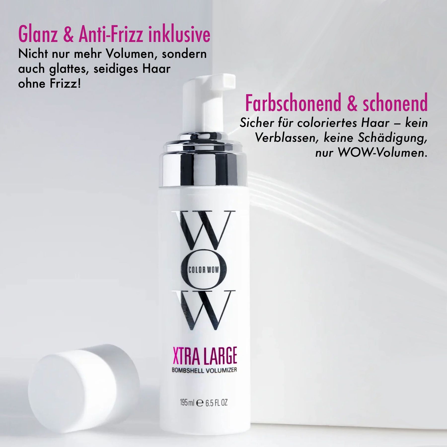 Fissatore con testo. Scritta: Xtra Large Bombshell Volumizer. 195ml. Testo: Lucentezza & Anti-crespo inclusi.