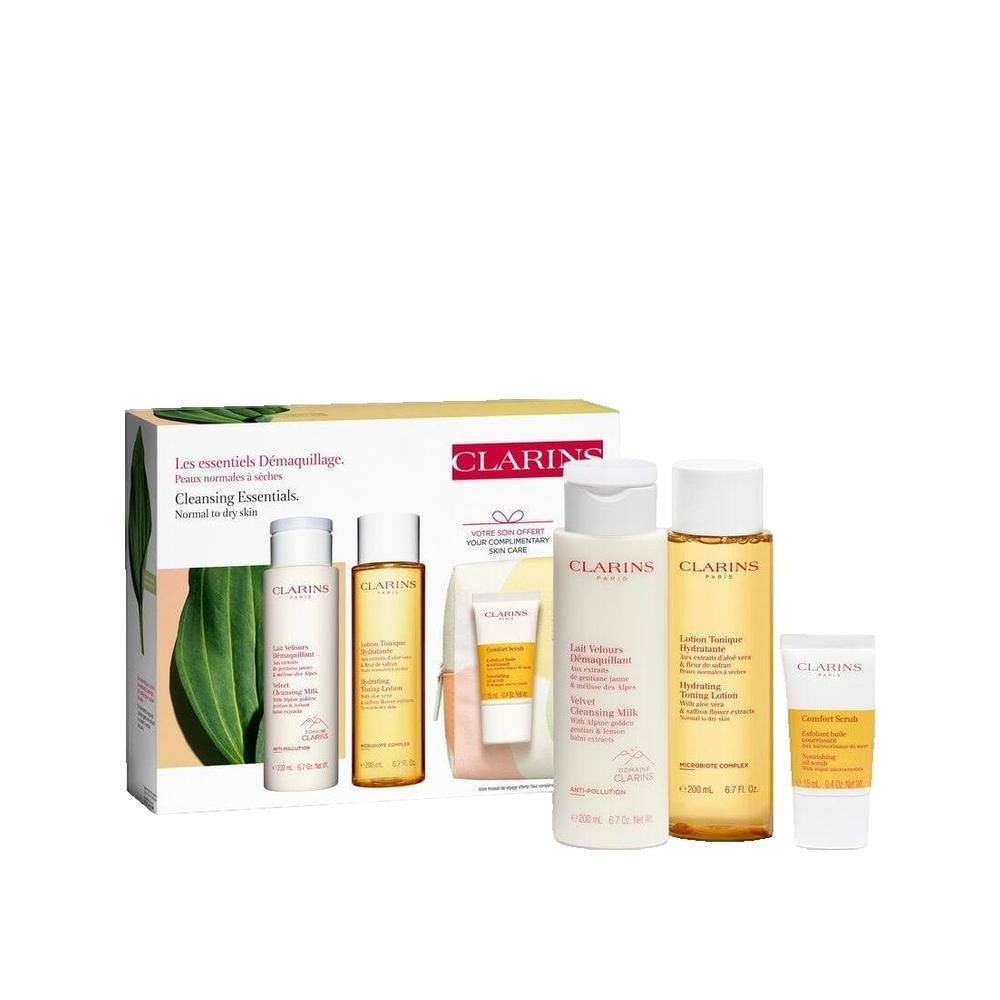 Set regalo Clarins con prodotti per la cura del viso. Include bottiglie, tubi e beauty case. Confezione con logo.