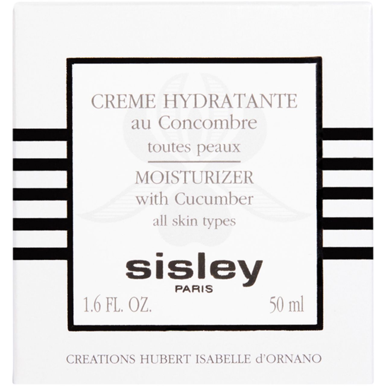 Confezione quadrata bianca. Strisce nere. Testo: Creme Hydratante au Concombre, logo Sisley, 1.6 FL. OZ., 50 ml.