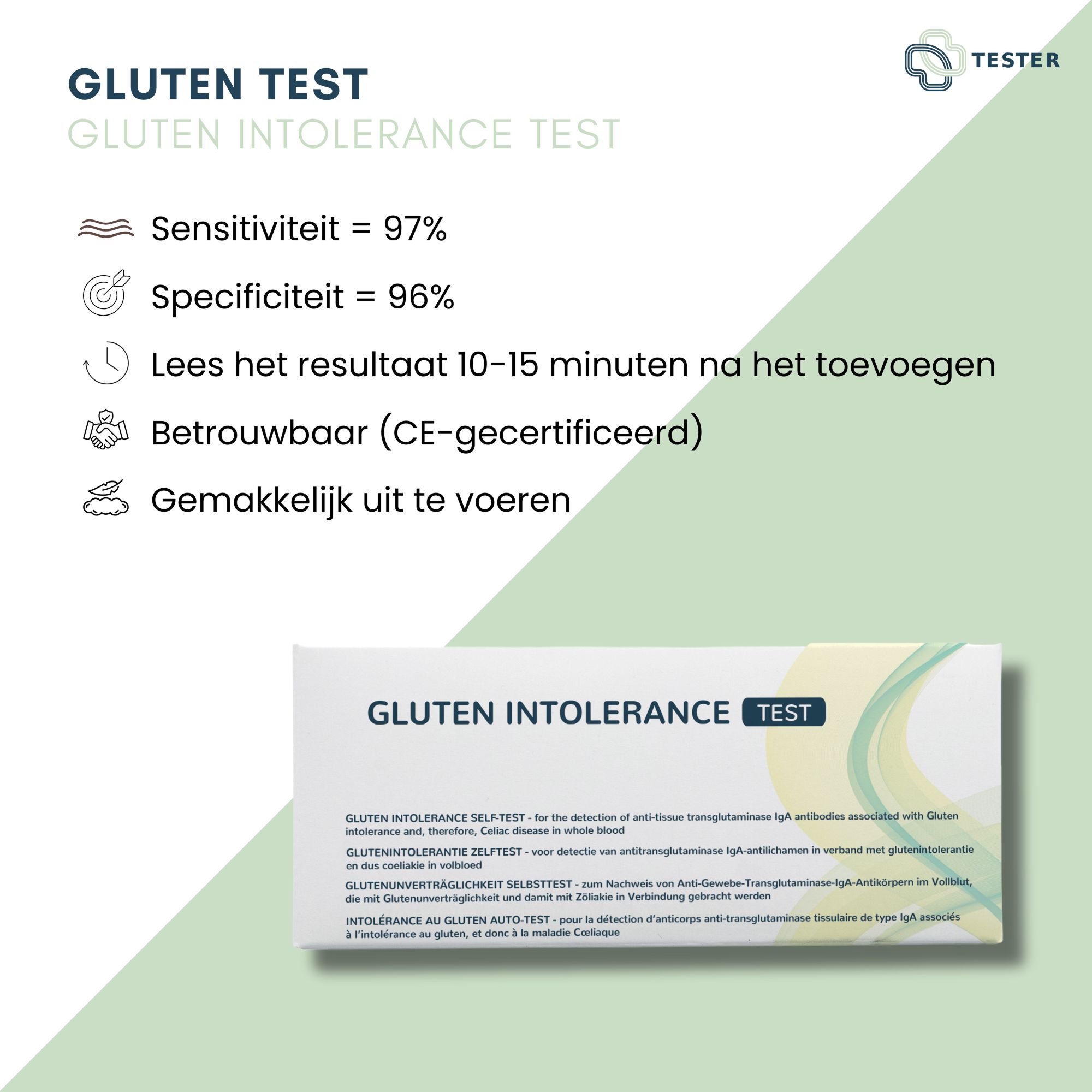 Infografica con informazioni sul test del glutine. Sensibilità, specificità, tempo di risultato e certificazione CE.