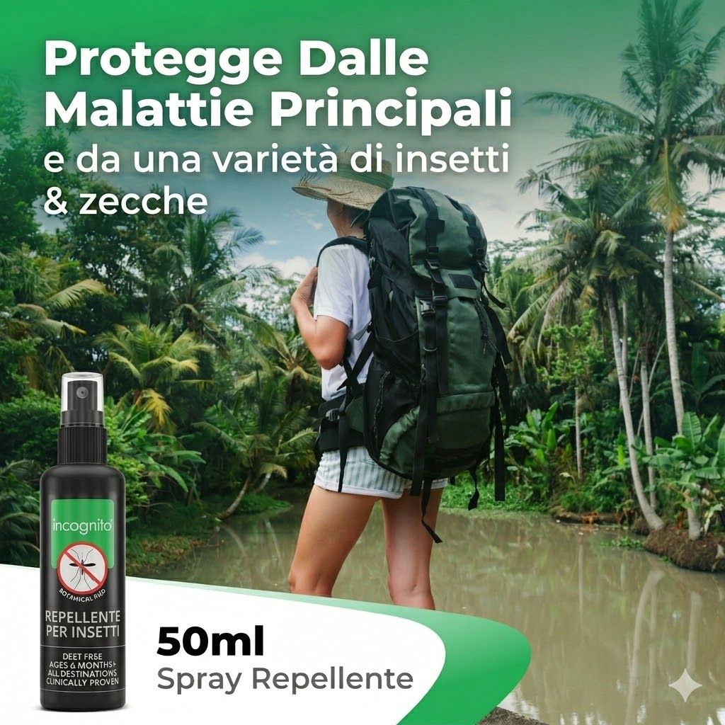 Persona con zaino in ambiente tropicale. Flacone spray nero con etichetta verde. Testo: Repellente per insetti, 50ml.